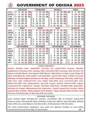 Odisha government calendar 2023 PDF Download Odisha government calendar 2023 PDF Download with state holiday list
